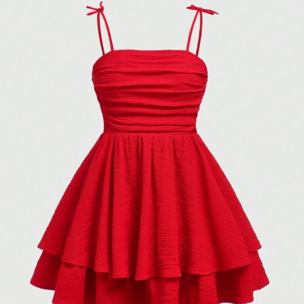 💚 Red Tiered Smocked Strappy Summer Mini Dress with Ruffles and Textured Fabric
